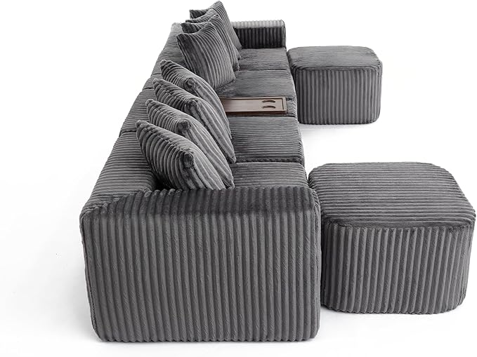 Oversized Cloud Modular Sectional Sofa Boneless Couch with Movable Ottomans,Free Combination Memory Foam Floor Couch with Charging Port & Cup Holders for Living Room | Coffee Table Board, Wireless Charge, No Assembly
