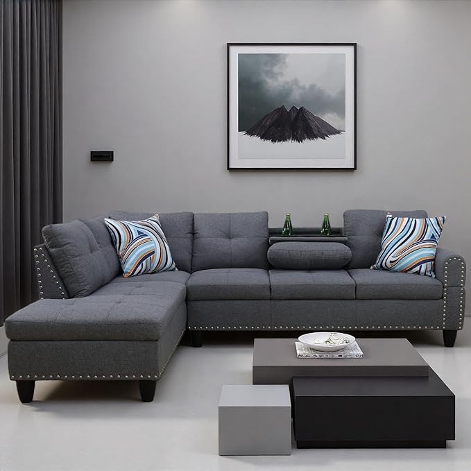 L Shape Sectional Couch with Chaise, 97.5 Inch Modular Sofa with Cup Holders, Sectional Couches for Living Room, Ergonomic Reclined Backrest, for Office and Small Apartment, Grey