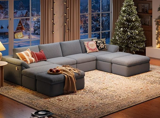 LINSY HOME 139" Modular Couch Modern Boneless Cloud Couch, U Shaped Sofa with Movable Ottomans, Deep Seat Corduroy Sectional Couches for Living Room, Apartment, No Assembly Required, Grey