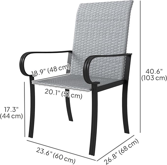 Outsunny Set of 4 Outdoor Wicker Dining Chairs, All-Weather Rattan Armchairs with Armrests, Steel Frame, High Back and Deep Seating, for Garden, Patio, Deck, Yard, Poolside, Gray - Image 3