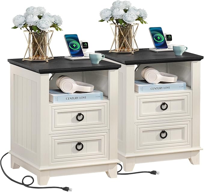 Joaxswe 18" Farmhouse Night Stands Set of 2 with Charging Station, 2 Drawers End Table Dresser for Bedroom， Wooden Nightstand, Bed Side Table with Open Shelf, Bedside Cabinet for Living Room（White） by Joaxswe