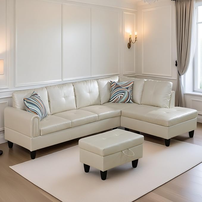 FONTOI L Shaped Sectional Couches for Living Room, Leather Couch Modular Sectional Sofa with Ottoman Storage, Modern L Shaped Couch with Chaise for Bedroom Apartment Furniture, White