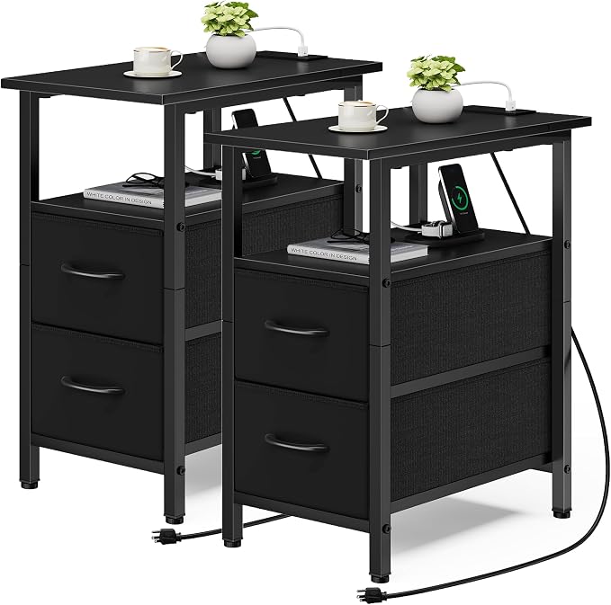 Vagusicc End Table with Charging Station Set of 2, Narrow Side Table, 23.8'' Tall Nightstand with 2 Drawers, Small Sofa Side Table Narrow Nightstand for Small Spaces, Living Room, Bedroom, Black by Vagusicc