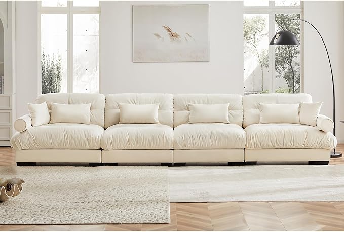 KEIKI 166" Oversized Velvet Modular Sectional Sofa with High-Density Foam Cushion and Bolstered Armrests, Upholstered Modern Style 4-Seater Cloud Couch with 6 Pillow, for Apartment, Living Room, Cream