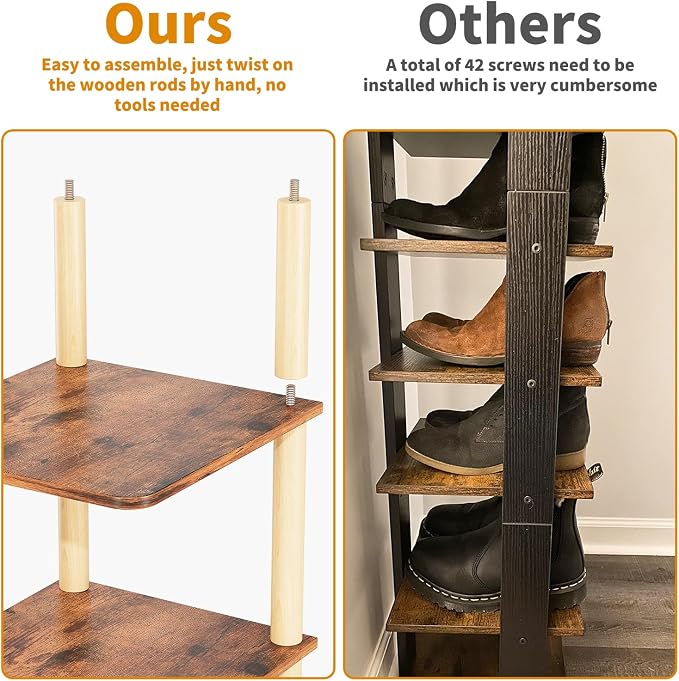 LUCKNOCK Vertical Shoe Rack, 8-Tier Tall Narrow Shoe Organizer for Entryway, Closet, Dorm & Small Spaces, Freestanding Wooden Shoe Shelf Tower for Boots, Sneakers, Heels. (Rustic Brown) - Image 7