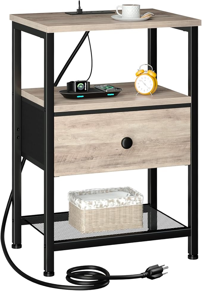 LOAKEKEL Night Stand with Charging Station, Small Bedside Table with Fabric Drawer, Nightstand with USB Ports & Outlets for Bedroom, Grey, HETS010GY-1 by LOAKEKEL