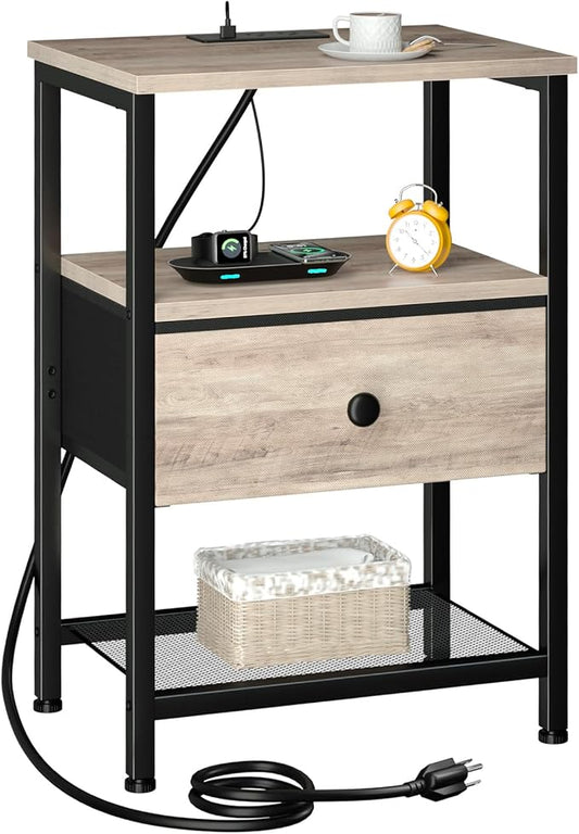 LOAKEKEL Night Stand with Charging Station, Small Bedside Table with Fabric Drawer, Nightstand with USB Ports & Outlets for Bedroom, Grey, HETS010GY-1 by LOAKEKEL