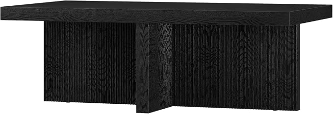 Henn&Hart 44" Fluted Rectangular Wood Pedestal Low-Profile Coffee Table with Ribbed Pedestal Base for Living Room, Family Room or Office, Natural Black