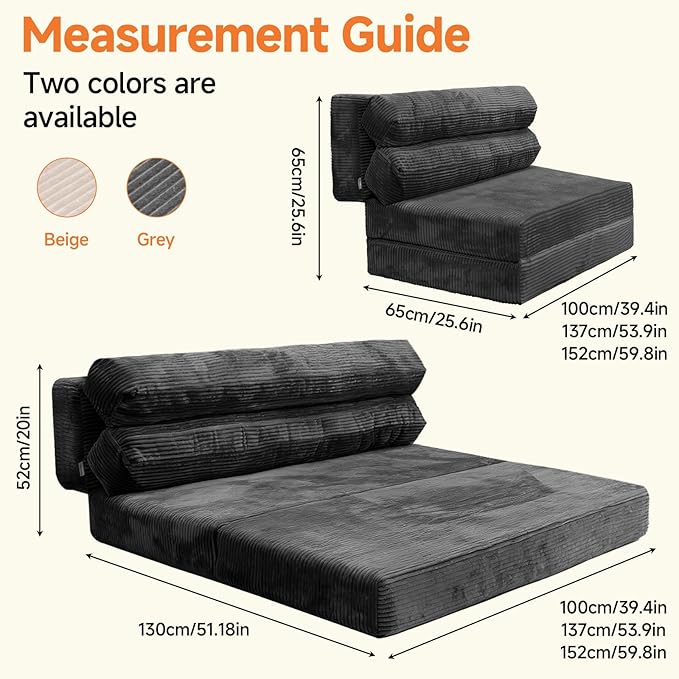 3-in-1 Sofa Bed, Couch Bed, Floor beds, Convertible Sofa Beds, Folding Couch for Adults(1PC, Dark Grey， 51.1"×39.3"×23.6")