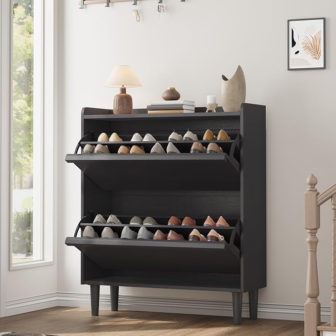 GarveeHome Shoe Cabinet with 2 Flip Drawers, Wooden Shoe Organizer Cabinet with Adjustable Shelf, Shoe Storage for Entryway, Hidden Shoe Cabinet for Hallway, Living Room, Black by GarveeHome