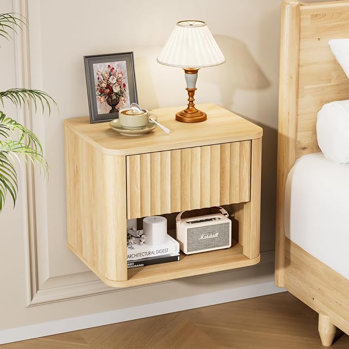VINGLI Floating Nightstand, Fluted Night Stand Rounded Edge, 1 Drawer Bed Side Table, Storage Oak Nightstand with Drawers, Wood Night Stand End Table for Bedroom, 15.75" W x 11.81" D x12.87 H by VINGLI
