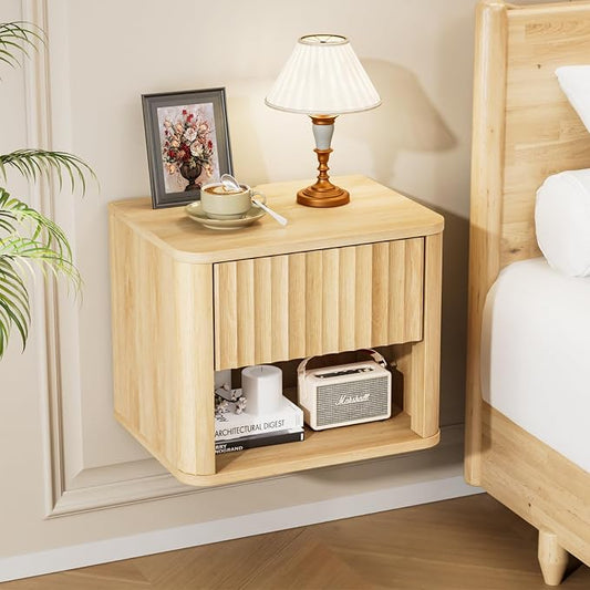 VINGLI Floating Nightstand, Fluted Night Stand Rounded Edge, 1 Drawer Bed Side Table, Storage Oak Nightstand with Drawers, Wood Night Stand End Table for Bedroom, 15.75" W x 11.81" D x12.87 H by VINGLI