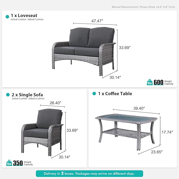 4 Pieces Wicker Patio Furniture - All-Weather PE Wicker Outdoor Conversation Bistro Set Loveseat Chairs with Table,Outdoor Rattan Sofa Chair High Back Deep Seating,Black