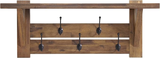 Alaterre Furniture Bethel Wall-Mounted Coat Rack with Shelf – Rustic Farmhouse 40-Inch Solid Wood Entryway Organizer with 5 Black Metal Double Hooks & Upper Storage Shelf (Natural Aged Brown) - Image 8