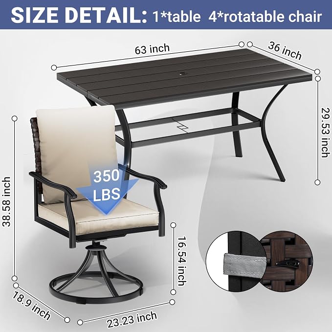 LEVELEVE 7 Piece Outdoor Patio Dining Set with 6 Swivel Dining Chairs & 1 Large Round Dining Table,Bistro Furniture Set for Lawn, Garden, Deck, Backyard and Porch - Image 5