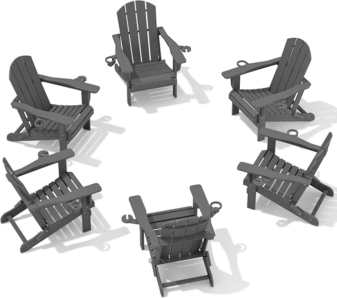 SERWALL Foldable Adirondack Chair Set of 6, HDPE Adirondack Chair with Wood-Texture-Gray by SERWALL