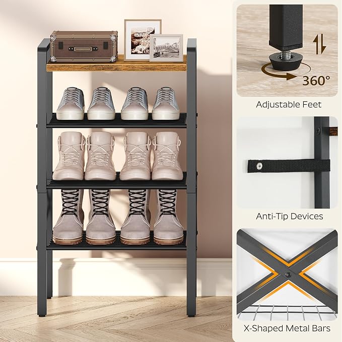 YATINEY 4-Tier Narrow Shoe Rack, Tall Shoe Rack for 4-8 Pairs, Slim Shoe Storage Organizer with Wooden Top, Space Saving, Metal Frame, for Entryway, Rustic Brown and Black SS64BR - Image 7