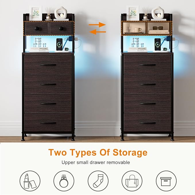 REAHOME 41 Inch Tall Nightstand with Charging Station, LED Night Stand with 6 Fabric Drawers, Bed Side Table with 3-Tier Wood Storage Shelves for Bedroom, Office, Small Spaces, Leather Brown - Image 6