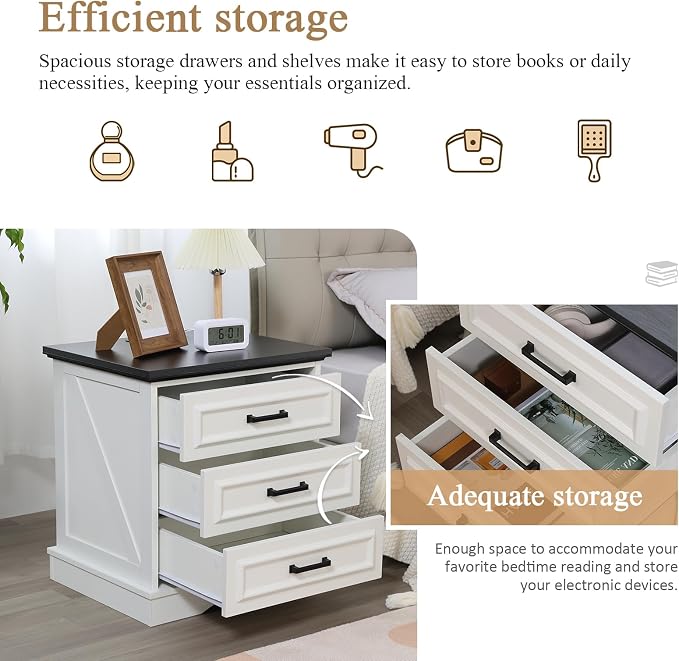 Farmhouse Night Stands Set of 2, Wood Nightstand with Charging Station, 22" Wide End Table with 3 Drawers, White Bedside Cabinet for Bedroom - Image 5