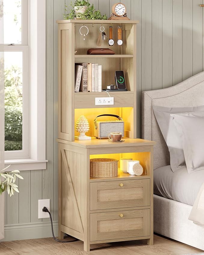 Farmhouse Tall Nightstand with Charging Station and 2 Drawers,Led Rattan Night Stand with Bookshelf,Bedside End Side Table with 6 Hooks and Storage Shelves for Bedroom,Wood by Unknown