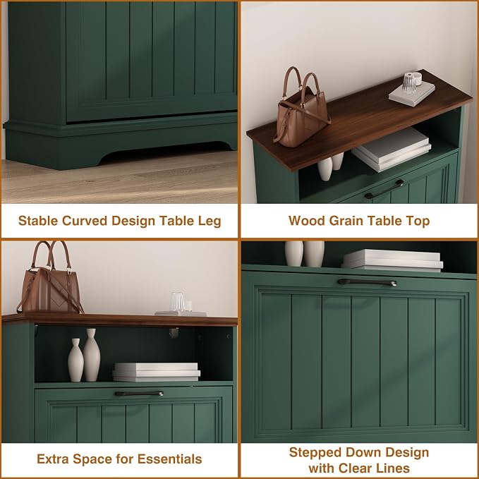 Shoe Storage Cabinet with 2 Flip Drawers, 24" W Farmhouse Modern Hidden Shoes Rack Cabinet with Adjustable Shelves & Open Storage, Narrow Slim Shoe Organizer for Front Door Entrance, Entryway, Green - Image 6