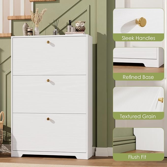 Nicetree Shoe Cabinet with 3 Flip Drawers, Narrow Shoe Organizer Cabinet, Freestanding Shoe Rack Cabinet, Morden Shoe Storage Cabinet for Entryway, Hallway, Foryer, White - Image 7