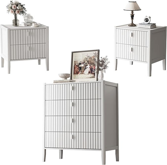 MAISONARIA 3-Piece Dresser Bedroom Set, 4 Drawer Dresser & 2 Drawer Nightstands with Metal Handles, Fluted Wood Chest of Drawers for Bedroom, Living Room, Entryway, White