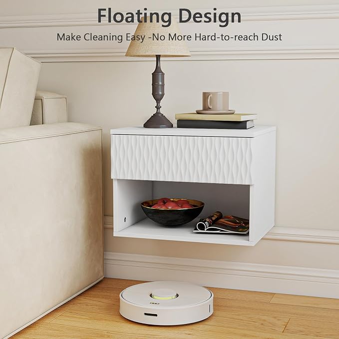 Vibe & Dine Floating Nightstand Set of 2, Wall Mounted Night Stand with Wavy Pattern Design, Modern Bedside Tables with Drawers for Bedroom, Easy Assembly, White - Image 5