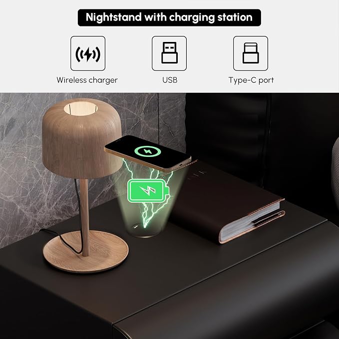 homary Smart Nightstand Modern Black Leather Nightstands with Wireless Charger Bedside Table with 2 Drawers for Bedrooms Living Rooms Offices 19.7" W x 15.7" D x 15.7" H - Image 3