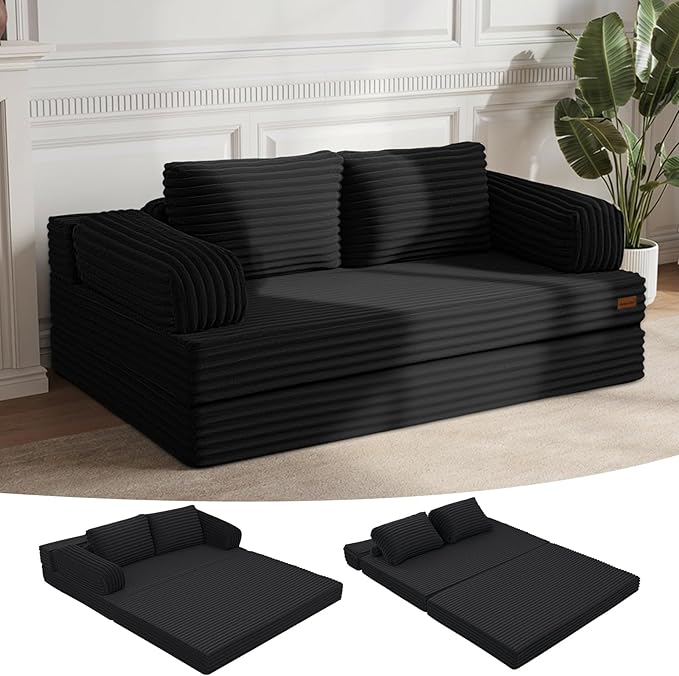 MeMoreCool Convertible Sofa Bed Black, Folding Floor Couch Bed Queen, Pull Out Sleeper Couch with Pillows, Corduroy Fold Out Futon Sofa for Bedroom Living Room Small Space
