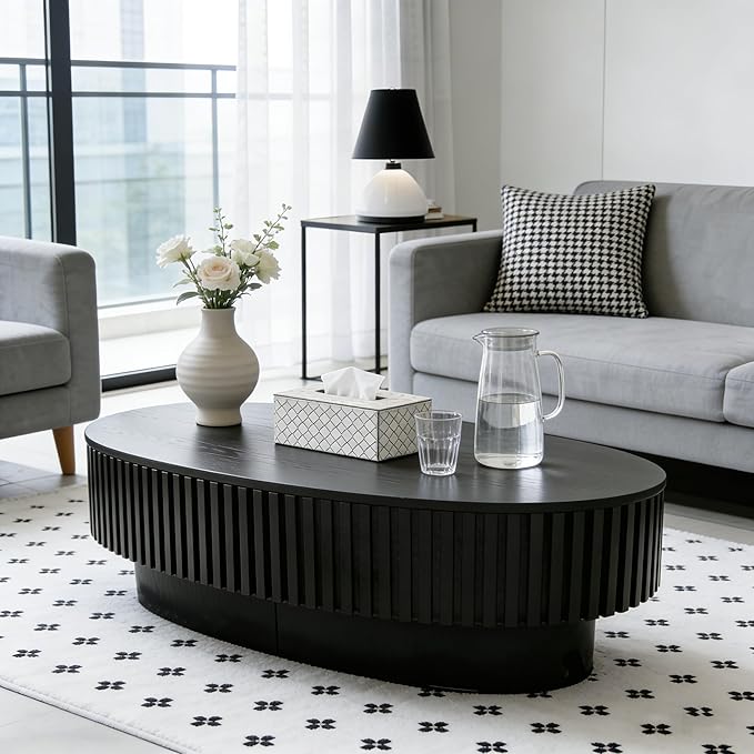 Oval Lift Top Coffee Table with Storage, Modern Drum Center Table with Hidden Compartment for Living Room, Lift Tabletop Fluted Minimalist Wood Dining Table for Home Office - Black
