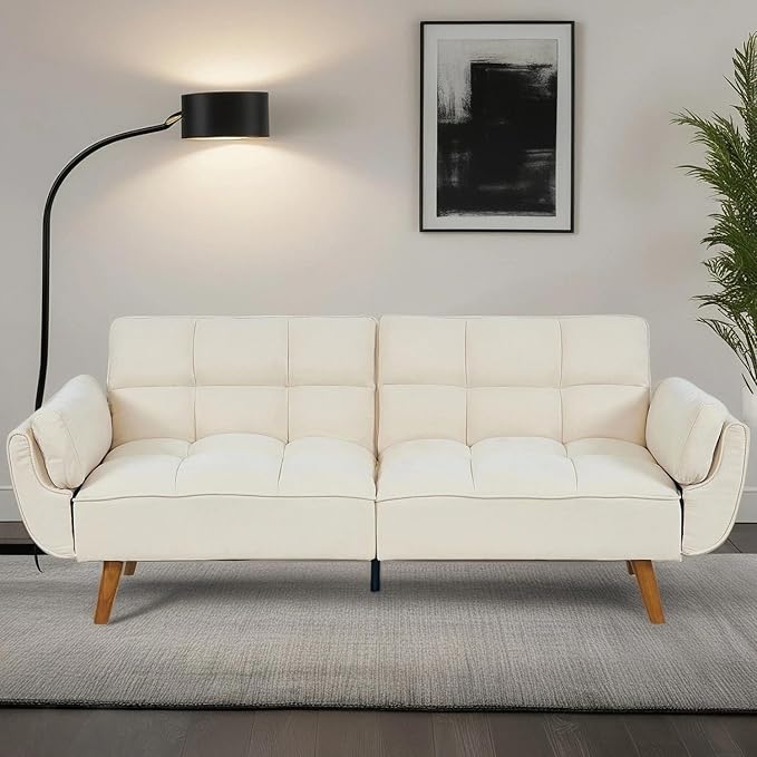 Convertible Futon Sofa Bed, Modern Futon Couch with 2 Pillows, Small Futons Couch with Adjustable Armrest & Backrest, Loveseat Sofa Bed for Living Room, Bedroom, Beige