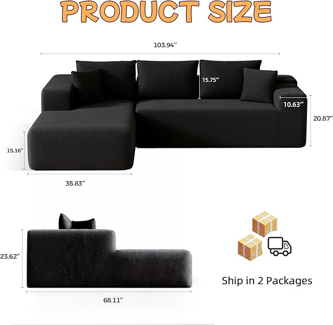 L-Shape Cloud Sectional Sofa, 104” Modern Modular Boneless Couch with Right Chaise Lounge, Compressed Floor Sofa with 5 Pillows & Deep Seat, Rain Drop Velvet Couch for Living Room, Black