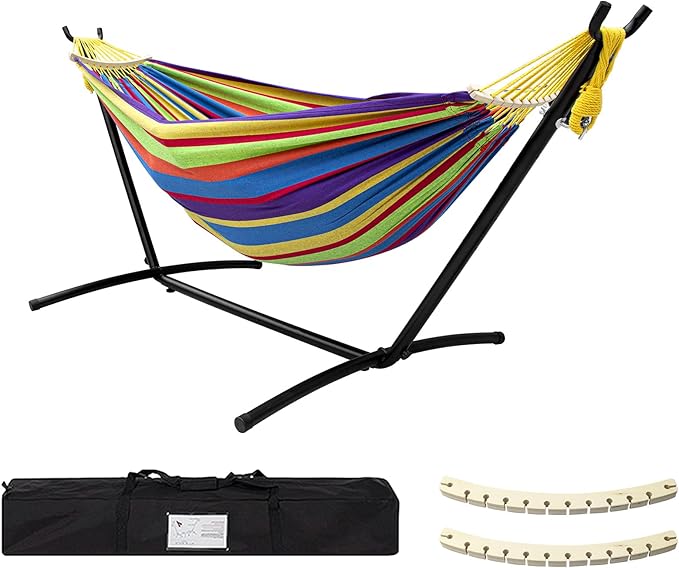 SZHLUX Double Hammock with Stand for Outside 450lb Capacity Steel Stand, Premium Carry Bag Included and Two Anti Roll Balance Beam by SZHLUX