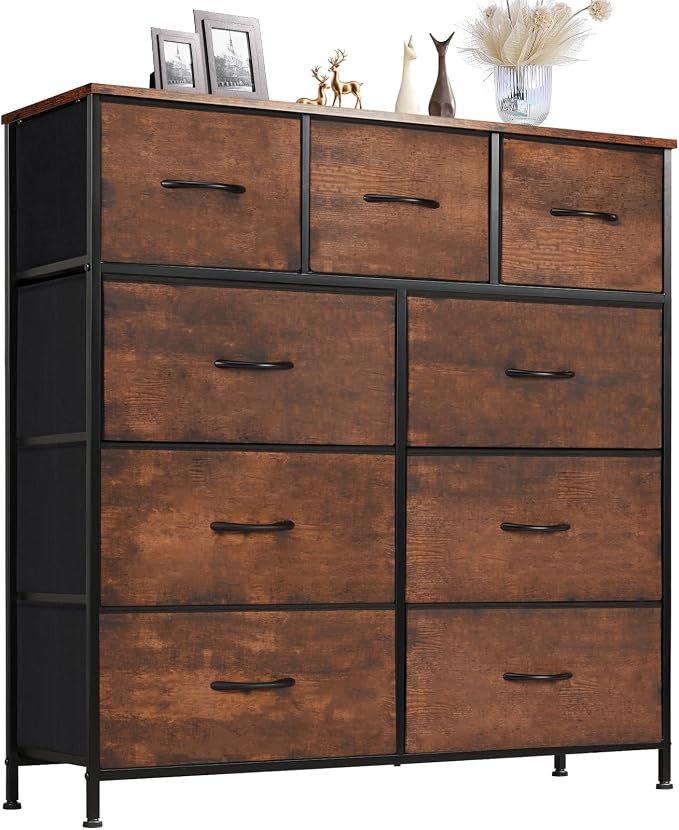 Sweetcrispy Dresser for Bedroom with 9 Storage Drawers, Large Fabric Storage Tower Organizer, Chest of Drawers with Metal Frame Wooden Top for Closet, Living Room, Entryway, Brown by Sweetcrispy