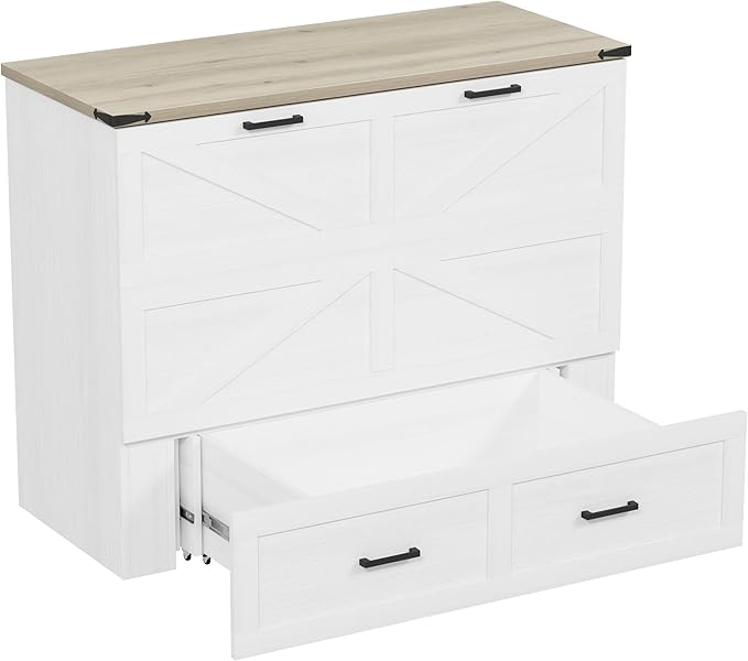 Bellemave Full Size Murphy Bed, Cabinet Bed with Charging Station and Storage, Farmhouse Murphy Cabinet with Foldable Panel, Noisy Free, for Guest Bedroom, Living Room, Office, White
