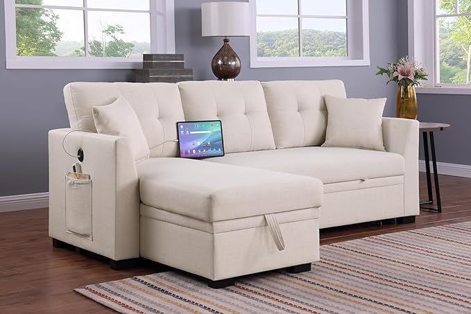 ERYE 81.5-inch Pull Out Sleeper Couch Bed, L-Shaped Reversible Sleeper Sectional Sofa Velvet Tufted Upholstered Corner Convertible Sofa Bed with Storage Chaise,USB Ports