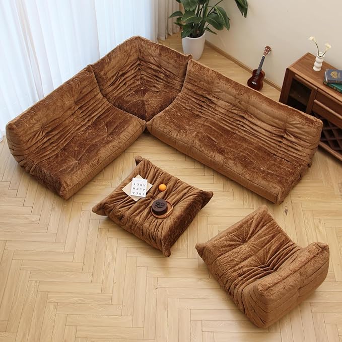 N&V Soft Premium Chenille Floor Lounge Chair, Mid Century Armless Floor Sofa, Foam Sofa Accent Chair for Living Room Bedroom and Office (Brown, Corner Chair)