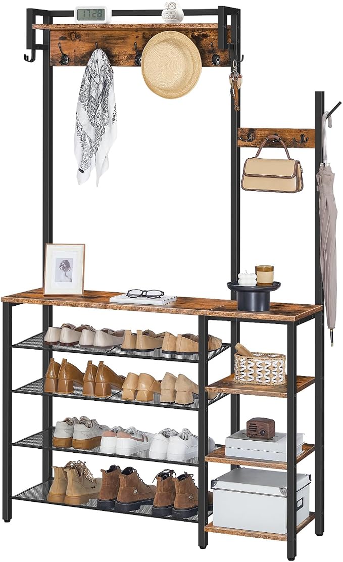HOOBRO Hall Tree with Bench, Entryway Bench with Coat Rack, Shoe and Coat Rack for Entryway, Coat Rack with Shoe Storage and Reversible Storage Shelves, Rustic Brown BF105MT01 - Image 9