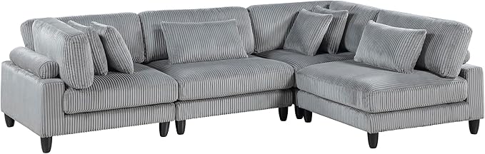 Lexicon 120 Inch Modular Sectional Sofa - Oversized 4 Seater Corduroy L Shaped Sectional Couch, 6 Accent Pillows, and Flexible Arrangement for Modern Living Rooms, Gray