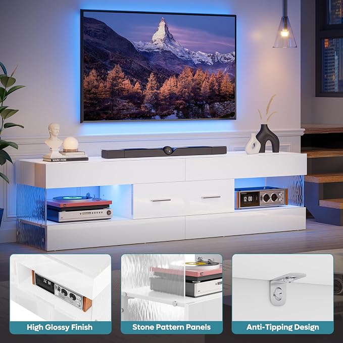 Bestier TV Stand for 55/60/65 Inch TV, High Gloss Modern TV Stand with Stone-Patterned Side Panels, LED Entertainment Center with Large Drawer, TV Consoles for Living Room, Bedroom (Glossy White) - Image 6