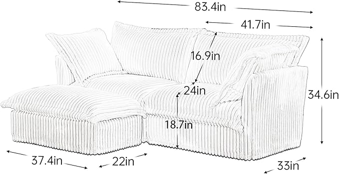 KEIKI 83" Corduroy Sectional Cloud Couch Sofa, White 3 Seat L Shaped Sleeper Sofa Set with Removable Ottoman, Comfy Deep Love Seat for Apartment Living Room, Big Pillows, Cream