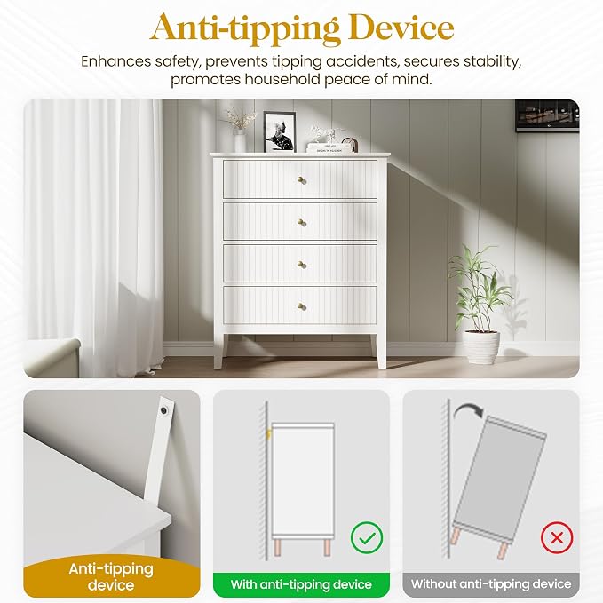 RoyalCraft White Fluted 4 Drawer Dresser for Bedroom, Modern Chest of Drawers, Wood Dresser for Storage Clothes, Wooden Storage Cabinet Nightstand for Bedroom, Hallway, Living Room, Entryway - Image 6