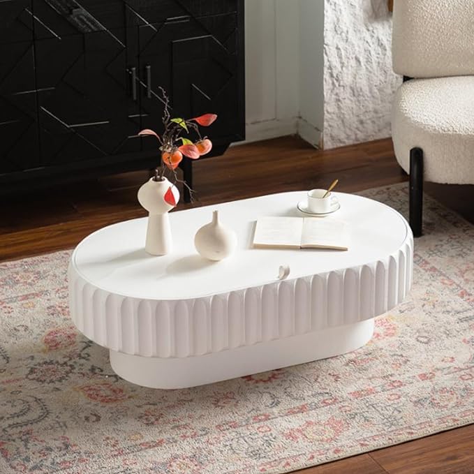 WILLIAMSPACE 43.31" Oval Coffee Table with Storage for Living Room, Modern Circle Curved Fluted Center Table with Lift-Off Lid, Drum Pedestal Tea Table for Apartment, Easy Assembly, White