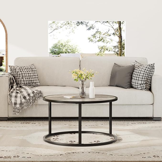 SAYGOER Small Round Coffee Table, Modern Coffee Tables for Living Room, Simple Center Table for Small Space Home Office Gardern, 27.6 × 27.6 × 17.7inch, Grey Wash