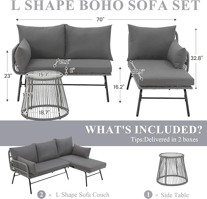 Bezseller 3-Piece Outdoor Patio Furniture Set – L-Shaped Rattan Sectional Sofa with Detachable Lounger, Glass Coffee Table & 4" Cushions – All-Weather PE Wicker for Backyard, Porch, Poolside