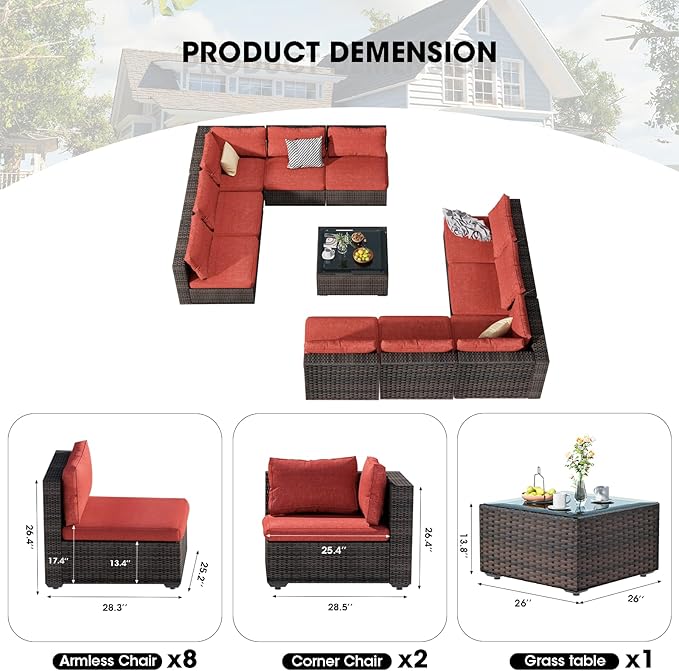 11 Piece Patio Furniture Set All Weather PE Rattan Outdoor Sectional Sofa Couch with No-Slip Cushions and Glass Top Table for Garden, Poolside, Backyard (Red)