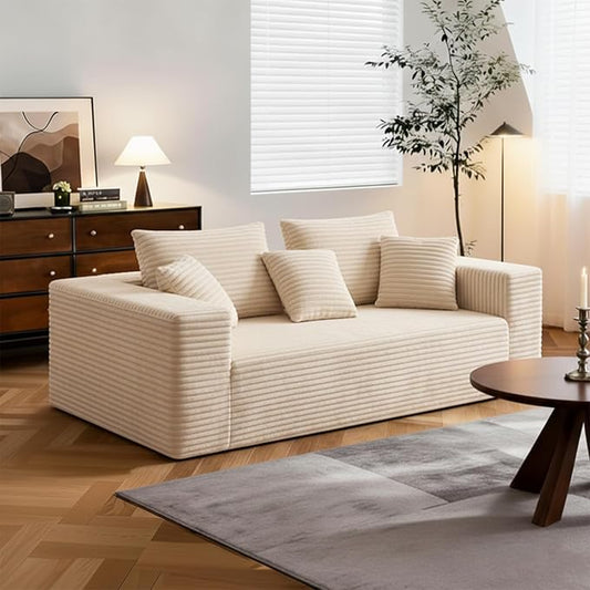 3-Seater Deep-Seat Corduroy Lounge Sleeper Sofa, No Assembly Frameless Foam Cloud Couch, Comfy Plush for Living Room Bedroom Apartment Dorm Office (Beige)