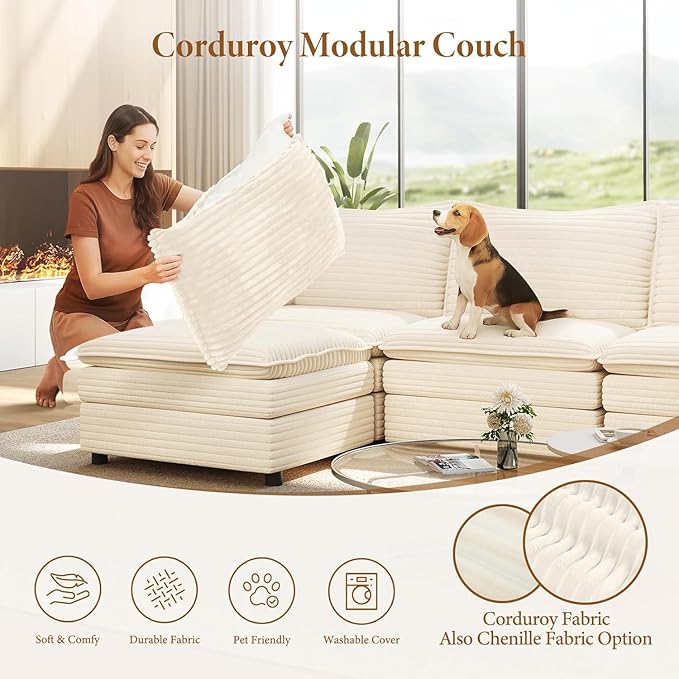 Vesgantti 142" Cloud Couch Sectional Modular Sofa, Comfy Sectional Couch with Ottoman Deep Seat Corduroy L Shaped Sofa, Modular Couches for Living Room, Bedroom and Apartment, Beige