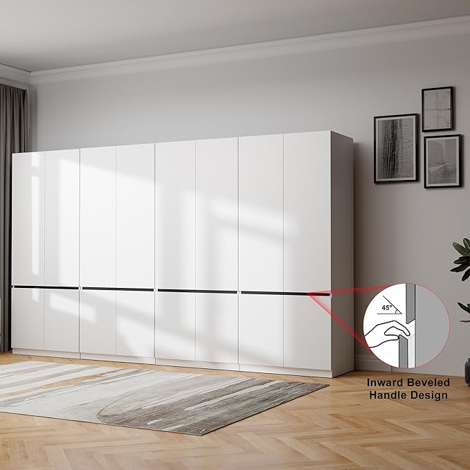 Wardrobe Closet with 8 Doors: 75" White Bedroom Armoire, Wooden Wardrobe for Hanging Clothes, Tall Storage Cabinet with Shelves and Hanging Rod (C+C+C+C, 126")